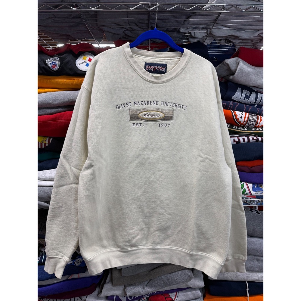 Y2K Jansport Saint Nazarene University White Crewneck Sweatshirt Size L Vintage